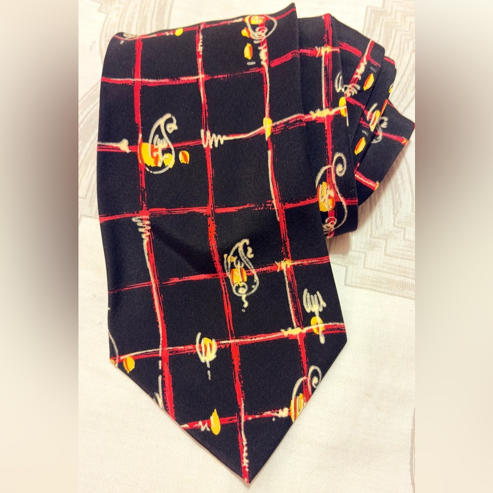 Hugo Boss Silk Tie Black Red Yellow Abstract Grid Made In Italy Vintage